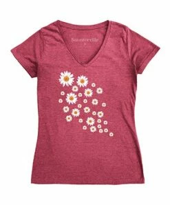 Promo ✨ Burgundy Daisy Flurry V-Neck Fitted Tee - 👩 Women ⌛