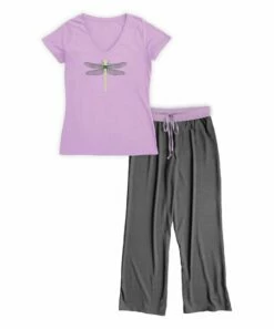Cheapest 👍 Mauve & Charcoal Dragonfly V-Neck Tee Pajama Set - 👩 Women & Plus 🤩