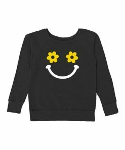 Cheap ❤️ Urban Smalls Black Flower Eyes Smiley Face Fleece Sweatshirt - 👩 Women 😉