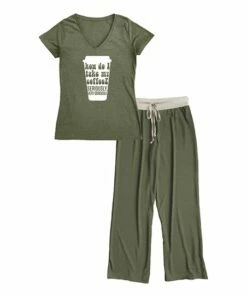 Wholesale ⌛ Moss Green 'How Do I Take My Coffee?' V-Neck Tee Pajama Set - 👩 Women & Plus 😀
