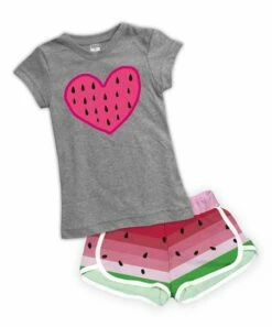 Best deal ⭐ Urban Smalls Heather Gray Watermelon Heart Fitted Tee & Pink Stripe Shorts - 👧 Girls 🔥