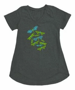 Top 10 👍 Heather Charcoal & Green Dragonfly Flurry Flowy V-Neck Tee - 👩 Women & Plus 🥰
