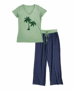 Wholesale 🧨 Light Green & Navy Palm Trees V-Neck Tee Pajama Set - 👩 Women & Plus 😀
