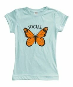 Wholesale 🥰 Light Aqua 'Social' Butterfly Fitted Tee - 👧 Girls 👏