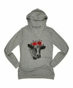Discount ⭐ Heather Gray Cow Flower Crown Lightweight Hoodie - 👩 Women 🧨