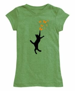Cheap 🎁 Moss Green Cat & Butterflies Fitted Tee - 👩 Women & Plus ⭐