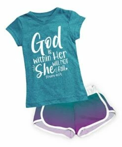 Hot Sale 🔔 Teal 'God Is Within Her' Fitted Tee & Purple & Teal Ombré Shorts - Toddler & 👧 Girls 😍
