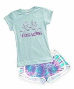 New 🔔 Aqua 'Axolotl' Fitted Tee & Purple & Aqua Tie-Dye Shorts - Toddler & 👧 Girls 🤩