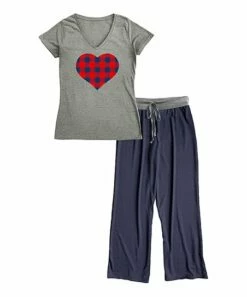 Promo 🔥 Heather Gray & Navy Plaid Heart V-Neck Tee Pajama Set - 👩 Women & Plus 🔥