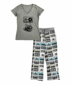 Promo 🎁 Gray & Black Cassette Tape V-Neck Tee Pajama Set - 👩 Women & Plus ✔️
