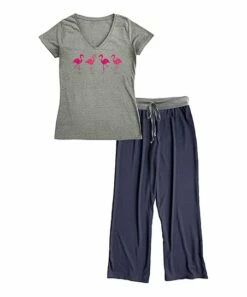 Deals 👏 Heather Gray & Navy Four Flamingos V-Neck Tee Pajama Set - 👩 Women & Plus 😀