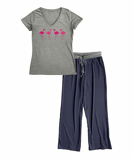 Deals 👏 Heather Gray & Navy Four Flamingos V-Neck Tee Pajama Set - 👩 Women & Plus 😀 1 Deals 👏 Heather Gray & Navy Four Flamingos V-Neck Tee Pajama Set - 👩 Women & Plus 😀
