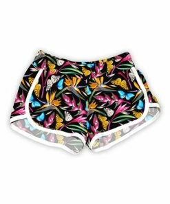 Brand new 🔔 Black & Vibrant Bird Of Paradise Butterflies Dolphin-Hem Shorts - 👩 Women 🌟