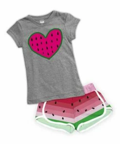 Buy 🔥 Heather Gray Watermelon Fitted Tee & Pink Dolphin-Hem Shorts - Toddler & 👧 Girls 🥰