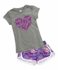 Deals 🥰 Gray Horses Heart Fitted Tee & Purple Horses Shorts - Toddler & 👧 Girls 😀