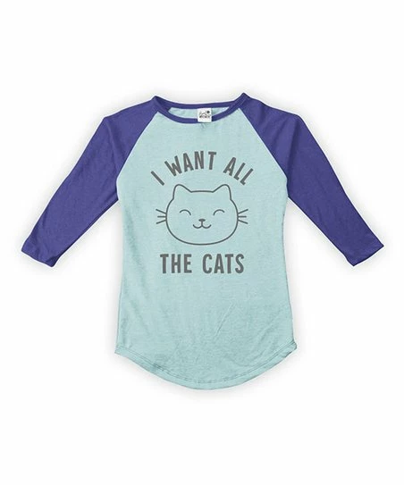 Wholesale 🥰 Aqua & Heather Violet 'I Want All The Cats' Fitted Raglan Tee - Toddler & 👧 Girls ⭐ 1 Wholesale 🥰 Aqua & Heather Violet 'I Want All The Cats' Fitted Raglan Tee - Toddler & 👧 Girls ⭐