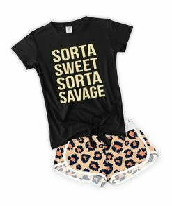 Buy ⌛ Black 'Sorta Sweet' Tie-Front Tee & Beige Leopard Shorts - Toddler & 👧 Girls 😍