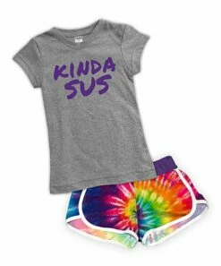 Best Sale ⭐ Urban Smalls Heather Gray 'Kinda Sus' Fitted Tee & Purple Tie-Dye Shorts - Toddler & 👧 Girls 🔔