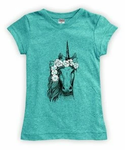 Wholesale 🎉 Heather Aqua Floral Unicorn Fitted Tee - 👧 Girls 🔔