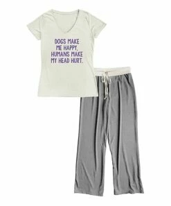 Best Pirce 👍 Cream & Gray 'Dogs Make Me Happy' V-Neck Tee Pajama Set - 👩 Women & Plus 🛒