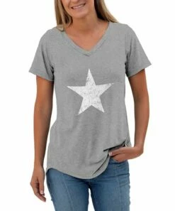 Deals ⭐ Heather Gray Weathered Star V-Neck Flowy Tee - 👩 Women & Plus 😍