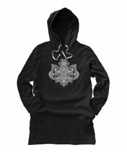 Cheap 💯 Black Henna Floral Fleece Pocket Hoodie 👗 Dress - 👩 Women ✨