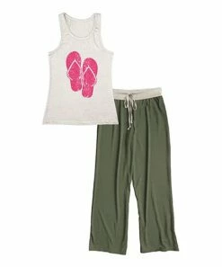 Best Pirce ⌛ Cream & Green Flip-Flops Racerback Tank Pajama Set - 👩 Women 🔥