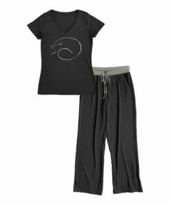 Coupon ⭐ Black & Gray Sleeping Cat V-Neck Tee Pajama Set - 👩 Women & Plus ⌛