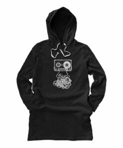 Budget ❤️ Black Cassette Tape Fleece Pocket Hoodie 👗 Dress - 👩 Women 🎉