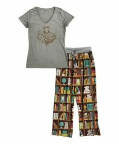 Promo 👍 Brown & Heather Gray Books & Coffee V-Neck Tee Pajama Set - 👩 Women & Plus 😉