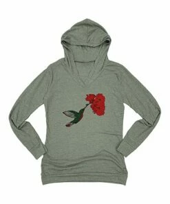 Best Sale ✨ Heather Green Hummingbird & Flowers Lightweight Hoodie - 👩 Women ✔️